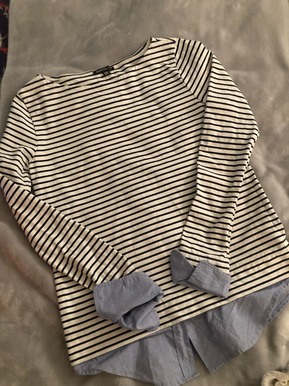 J. Crew Cream and Black Striped Long-Sleeve Top with Blue Shirt Hem